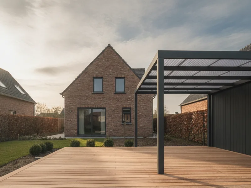 Terrasse en bois et carport métallique, aménagement extérieur