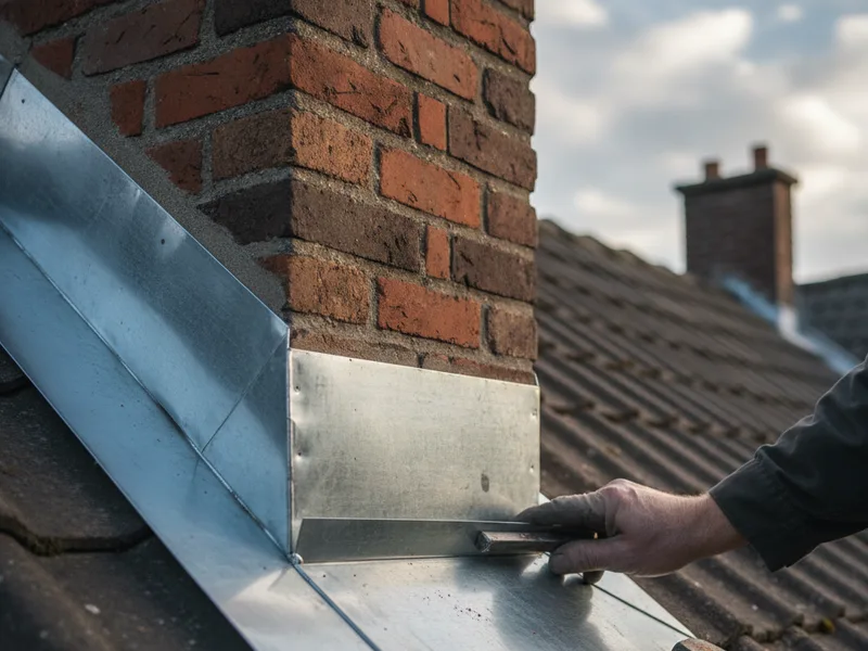Solins en zinc neufs posés autour d’une cheminée en brique par un zingueur